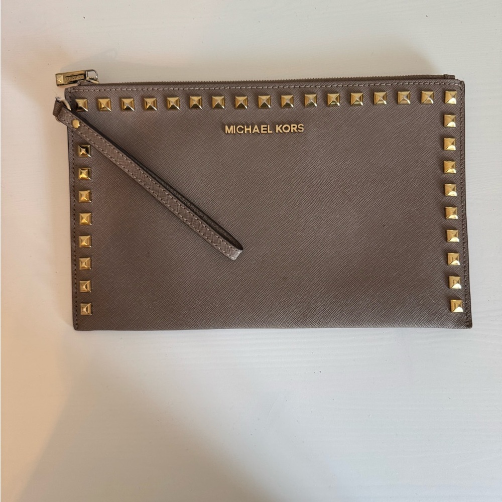 Michael Kors Taupe Clutch with Gold Accents